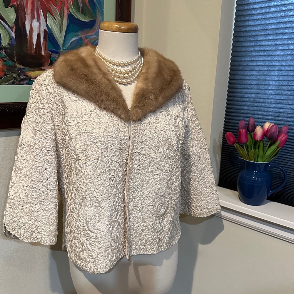 Ribbon Knit Jacket with Mink Collar by Projansky c1960s Gorgeous! Fits Sz M-L